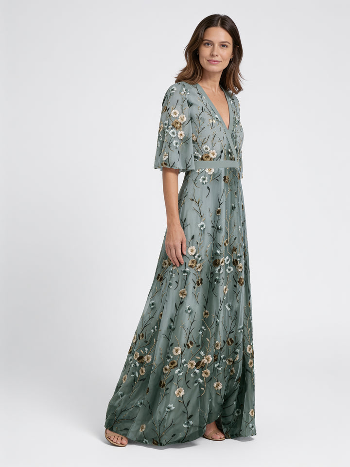 Florence | Floral V Neck Maxi Dress with Sheer Sleeves