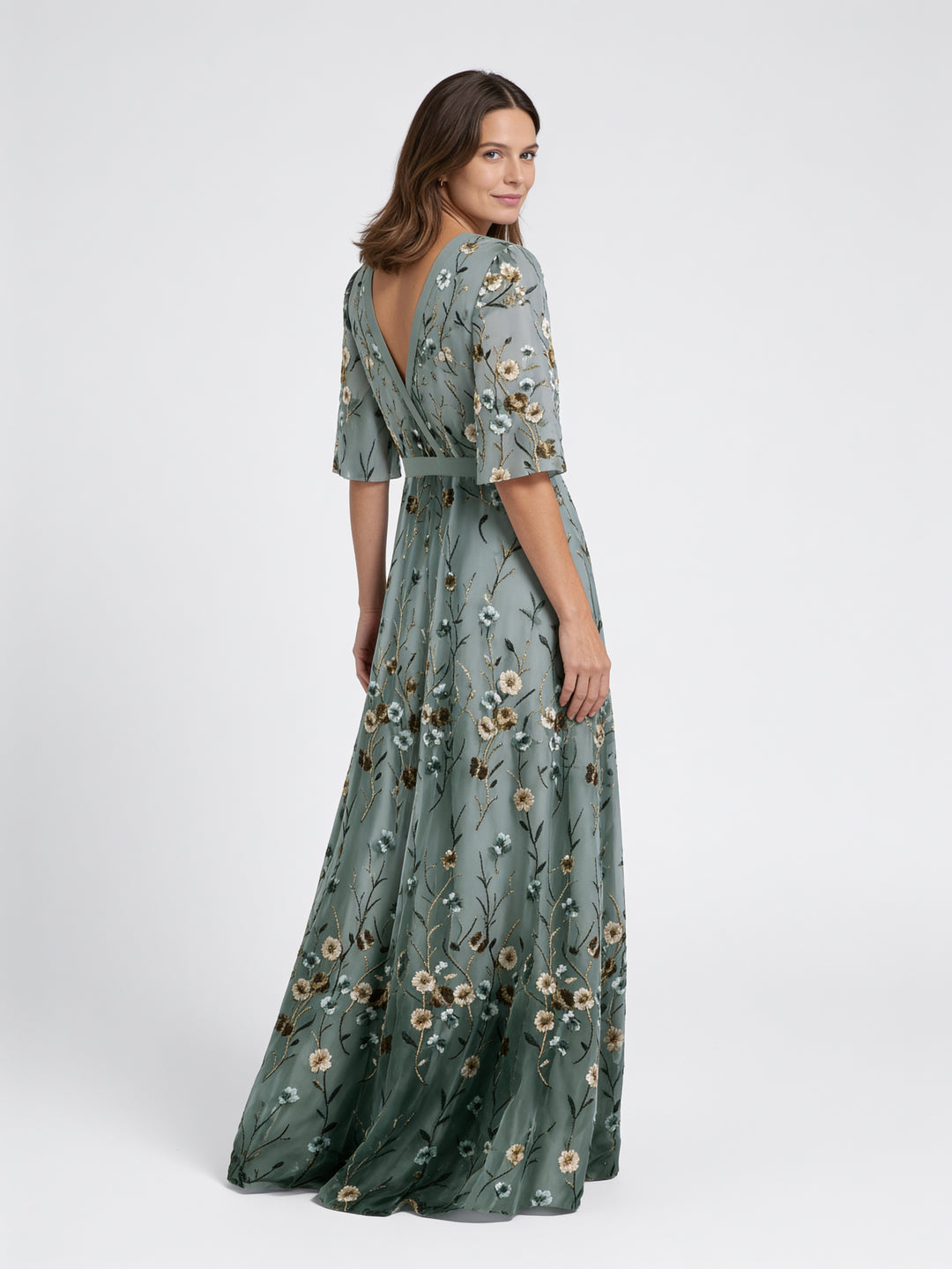 Florence | Floral V Neck Maxi Dress with Sheer Sleeves