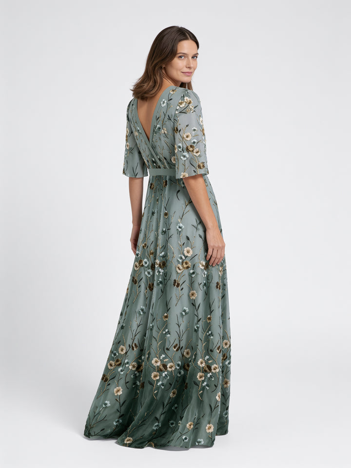 Florence | Floral V Neck Maxi Dress with Sheer Sleeves