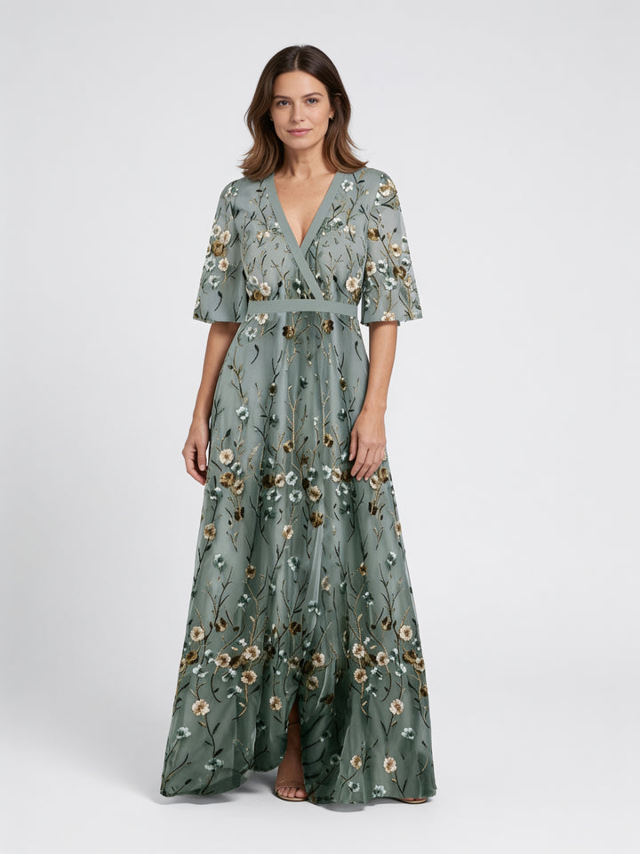 Florence | Floral V Neck Maxi Dress with Sheer Sleeves