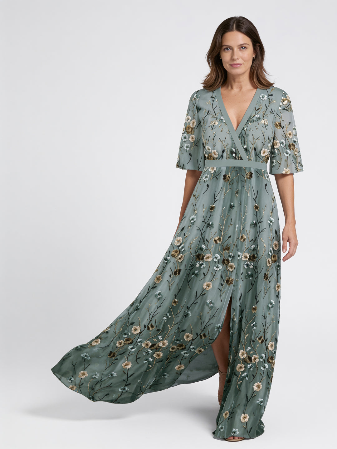 Florence | Floral V Neck Maxi Dress with Sheer Sleeves